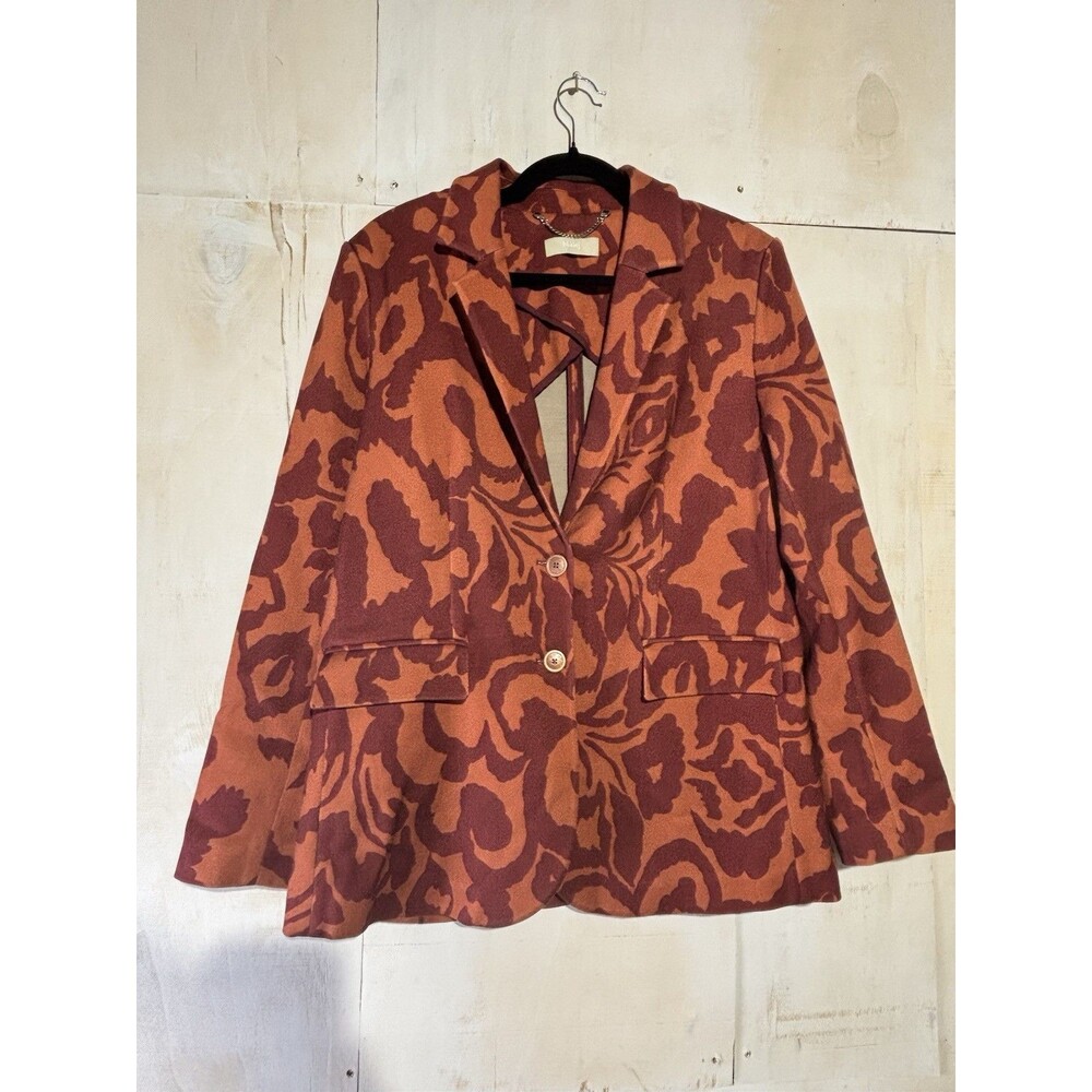 Malej Jacquard Blazer Women Sz L Rust Orange Brown Abstract Print Button Jacket